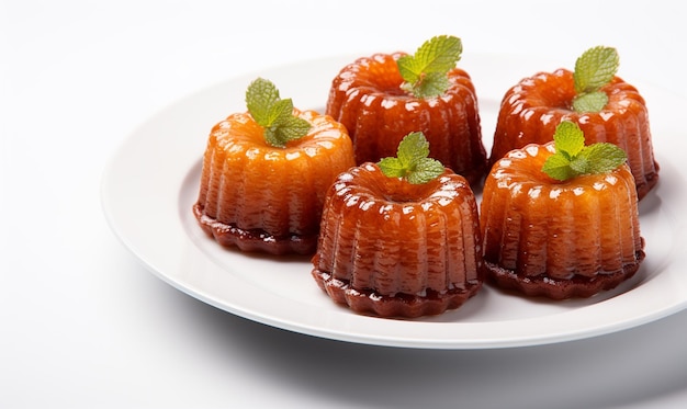 Caneles en plato blanco Postre francés local aislado en fondo blanco