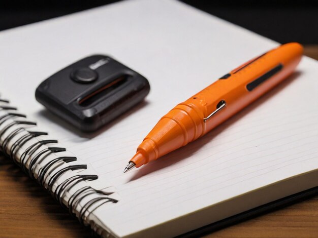 caneta de clique laranja no caderno