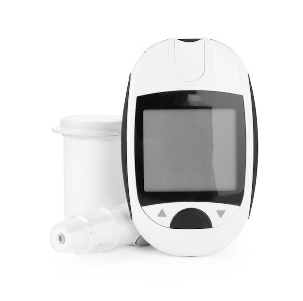 Caneta de lanceta glicosímetro digital e recipiente em fundo branco Controle de diabetes
