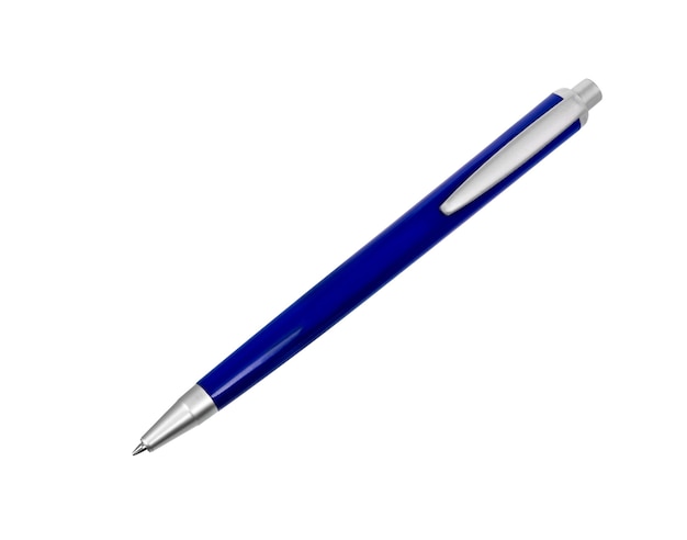 Foto caneta de metal isolada no fundo branco. caneta esferográfica azul recortada. caneta esferográfica metálica descartável.