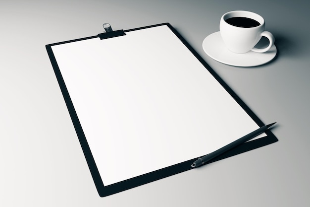 Caneta de prancheta em branco e xícara de café em fundo cinza claro Mock up renderização 3D