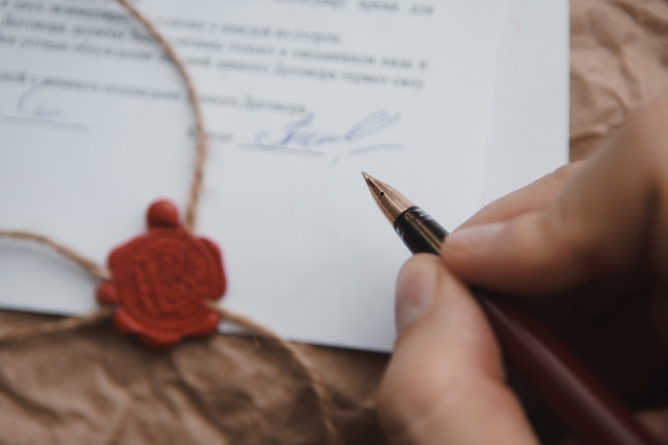 Foto caneta e carimbo públicos do tabelião em testamento e testamento. ferramentas de notário