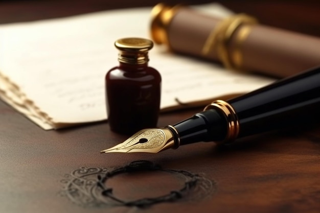 Caneta-tinteiro e documento notarial na mesa Lei e conceito público notarial