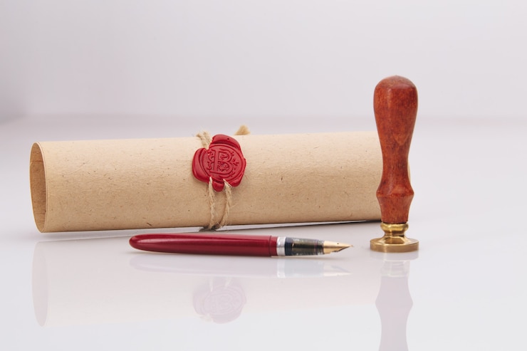 Caneta-tinteiro e selo de cera notarial antigo em
