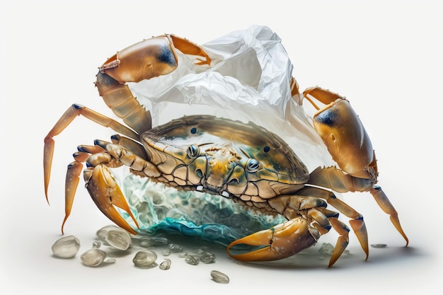 cangrejo atascado en una bolsa de plástico, salva el concepto del océano, cangrejo atascado en basura marina