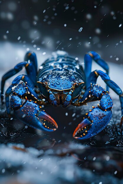 Foto el cangrejo azul se alza en una superficie negra