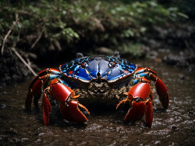 Cangrejo de barro macho grande con manchas azules y ojos rojos