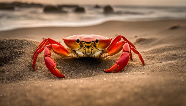 un cangrejo con un crab en la cabeza se sienta en la arena