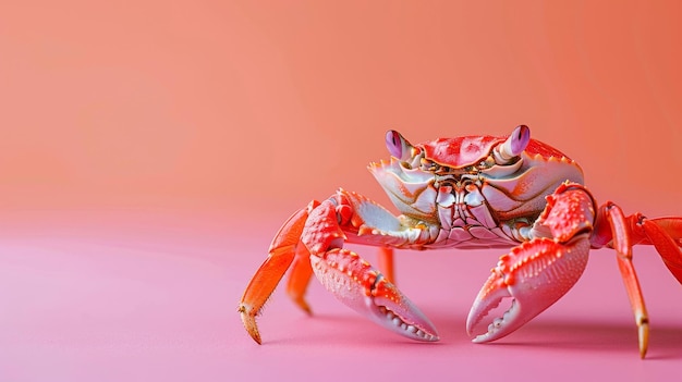 un cangrejo con un cuerpo grande y garras en un fondo rosa