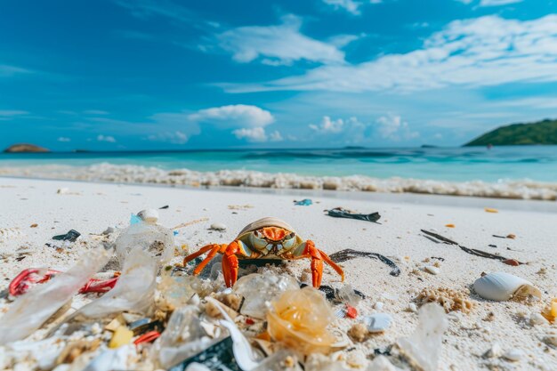 Foto cangrejo eremita passeia sozinho pela praia em meio à ameaça do plástico