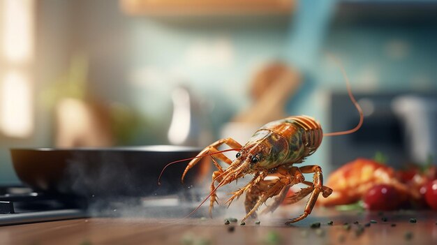 Un cangrejo está en una mesa en una cocina con una estufa y una olla con una olla de comida en ella.