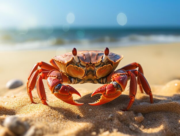 el cangrejo está sentado en una playa de arena al estilo de las lentes de cambio de inclinación