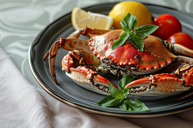 Cangrejo en un plato con tomates y limón