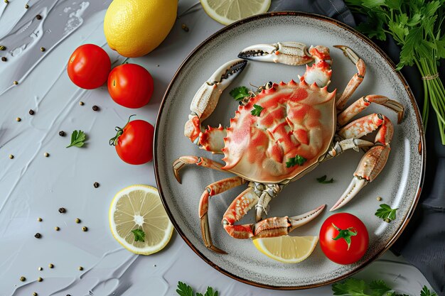 Cangrejo en un plato con tomates y limón