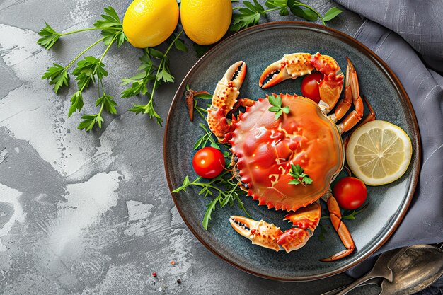 Cangrejo en un plato con tomates y limón