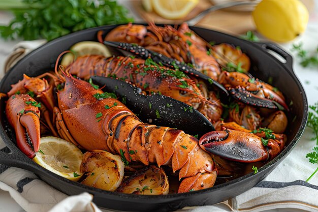 Cangrejo en un plato con tomates y limón