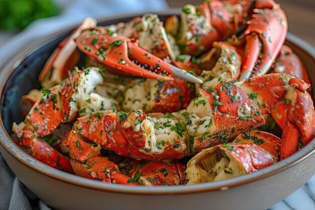 Cangrejo en un plato con tomates y limón