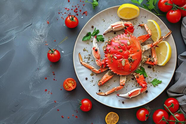 Cangrejo en un plato con tomates y limón