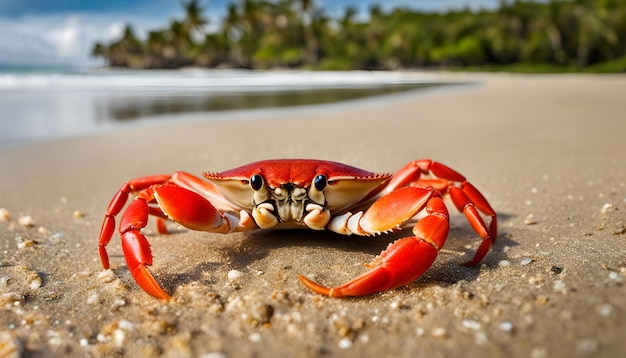 un cangrejo en una playa con palmeras en el fondo