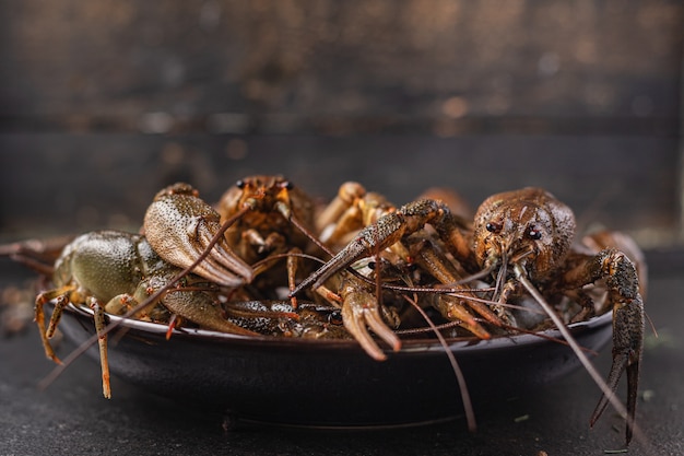 Cangrejo de río fresco listo para cocinar comida de productos crudos bocadillo en la mesa copia espacio rústico de fondo de alimentos