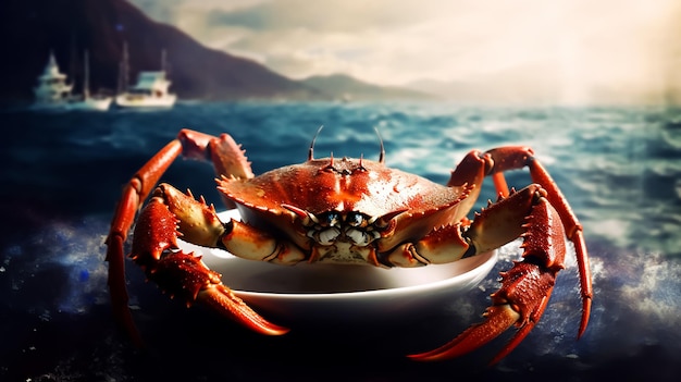 Un cangrejo rojo gigante en un plato con palillos a un lado fotografía de mariscos