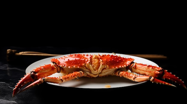 Un cangrejo rojo gigante en un plato con palillos a un lado fotografía de mariscos