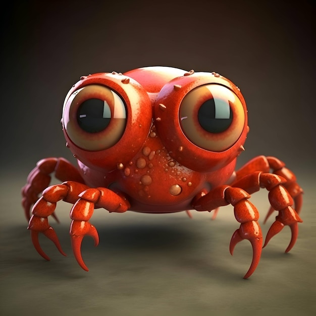 Cangrejo rojo gracioso con ojos grandes en fondo oscuro ilustración 3D