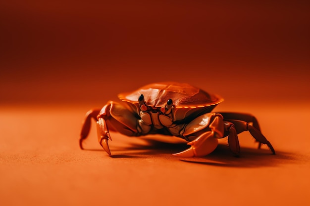 Un cangrejo rojo con una nariz grande se sienta sobre un fondo marrón.