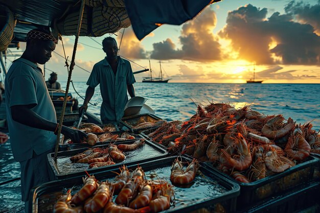 Cangrejos en un barco en el mar