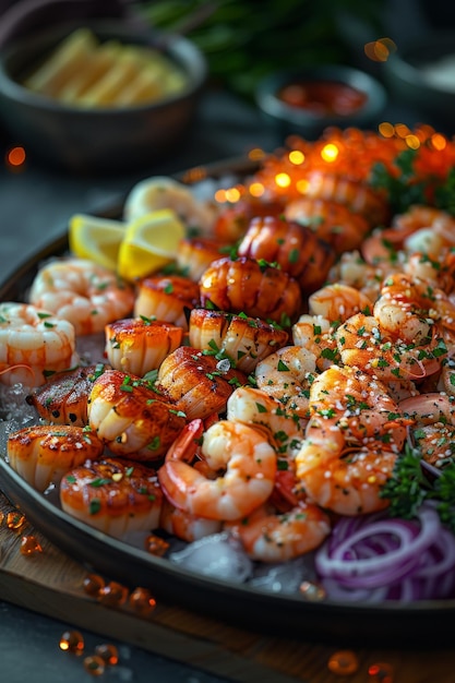 Cangrejos y camarones con limón y salsa en el plato