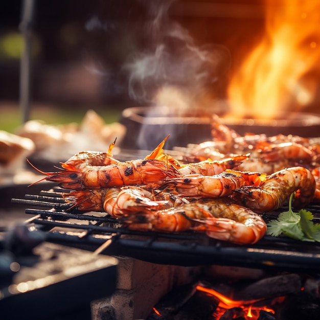 Cangrejos a la parrilla y cucharones de camarón.