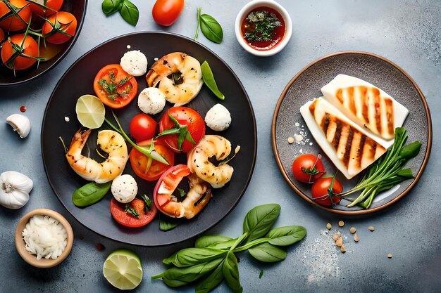 Cangrejos a la parrilla con tomates y albahaca en un plato.