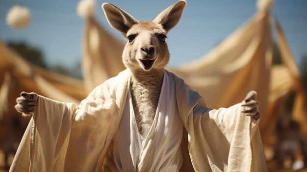 Un canguro de aspecto feliz con las patas abiertas en el traje blanco como un monje