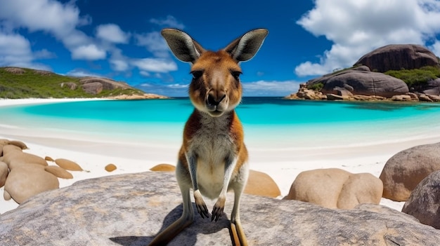 Foto canguro en la bahía lucky en el parque nacional cape le grand cerca de esperance, australia occidental
