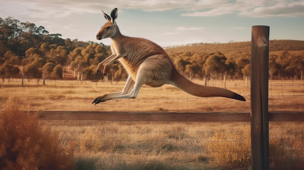 Un canguro curioso saltando sobre una valla generada por IA