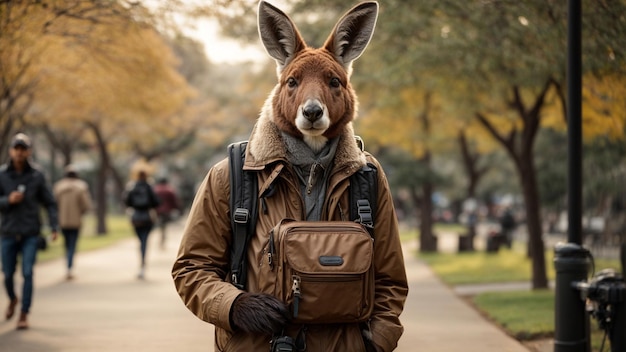 Un canguro elegante con una bolsa de mensajería saltando por un parque de la ciudad mientras escucha un podcast