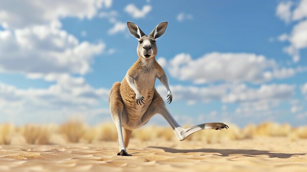 Un canguro está de pie en la arena en medio del desierto el canguro esta mirando a la cámara