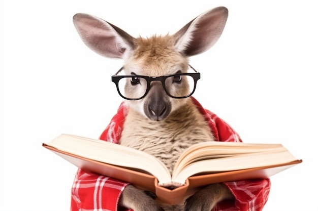 un canguro con gafas y leyendo un libro