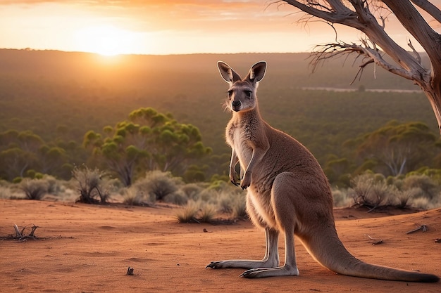 Un canguro mira hacia la puesta de sol