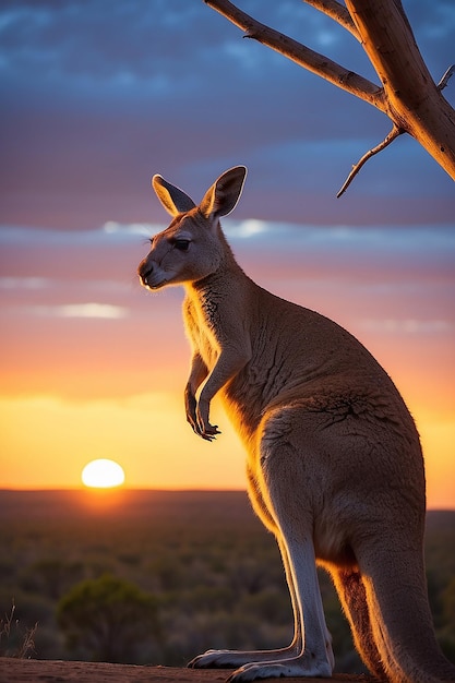 Un canguro mira hacia la puesta de sol