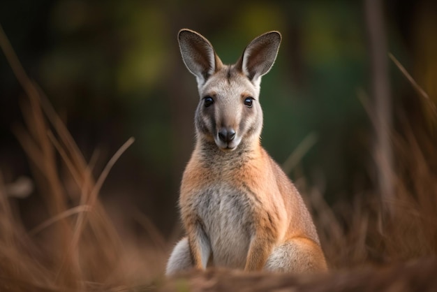 Canguro mirando a la cámara en flores silvestres anaranjadas Australia IA generativa