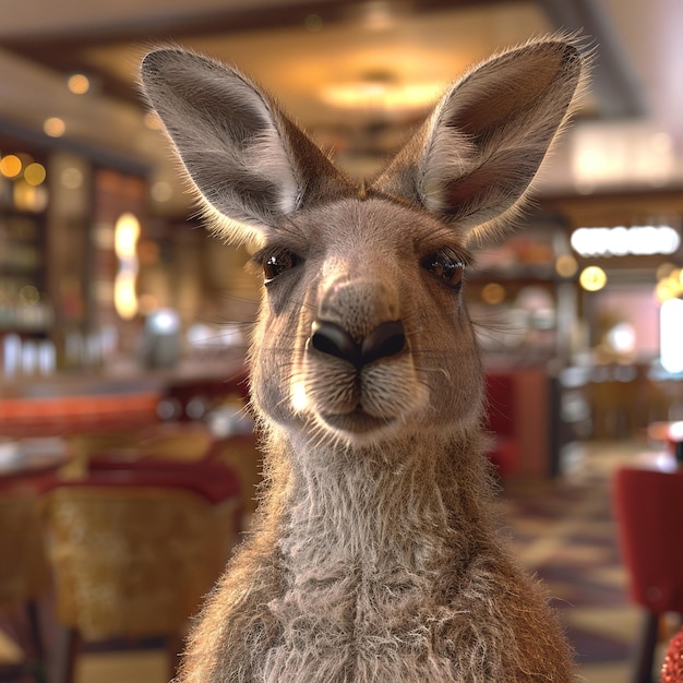 Foto un canguro está sentado en un restaurante con un taburete rojo delante de él