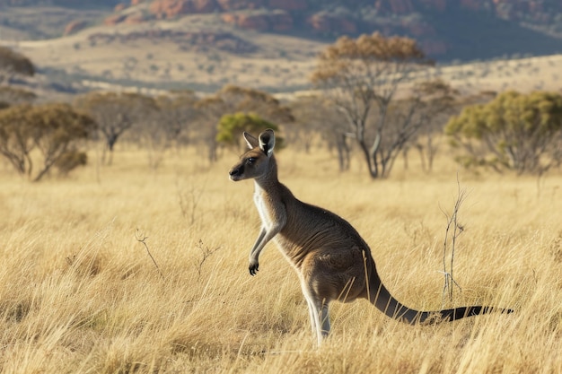 Un canguro solitario saltando por el interior de Australia
