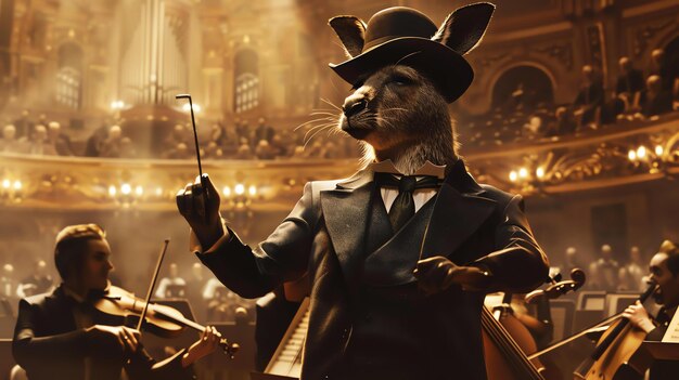 Foto un canguro con sombrero alto y cola dirige una orquesta sinfónica la orquesta está tocando en una gran sala de conciertos