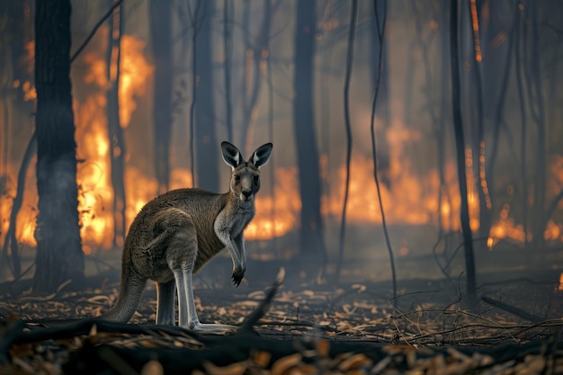 Un canguro tratando de escapar de un incendio forestal en Australia