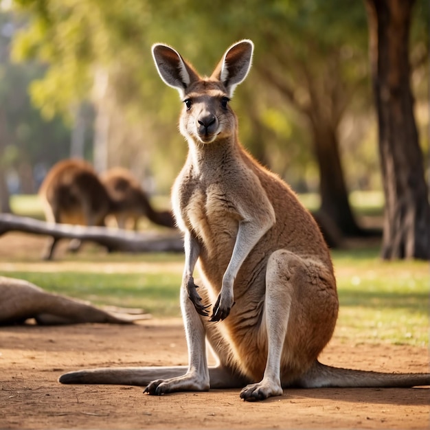 Foto canguru sentado em frente à casa do jardim