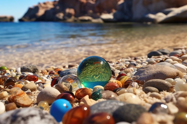 Canicas de vidrio esparcidas en una playa de arena cerca del agua creada con ai generativo