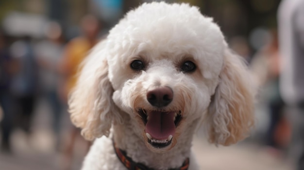 Un caniche blanco con collar y collar sonríe a la cámara.