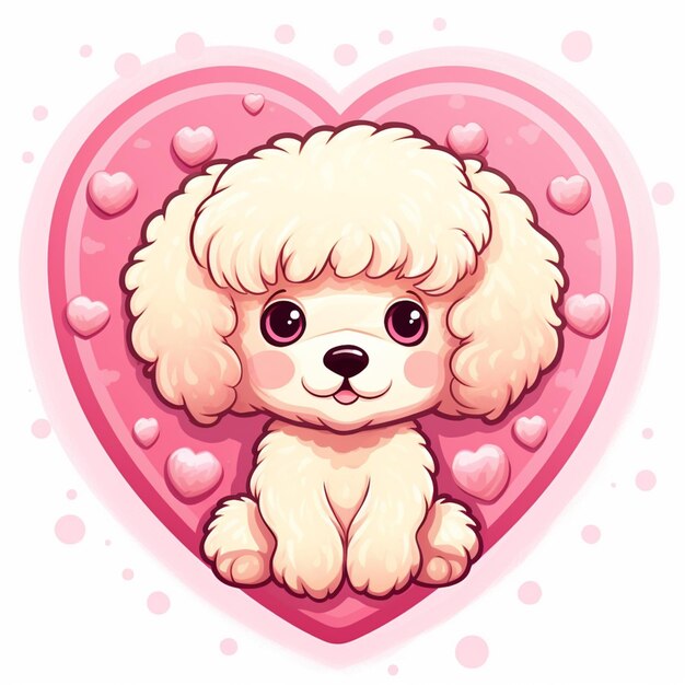 Foto caniche de dibujos animados sentado en un marco en forma de corazón con corazones generativo ai