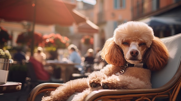 Un caniche disfrutando de un día en la terraza de un café de la ciudad